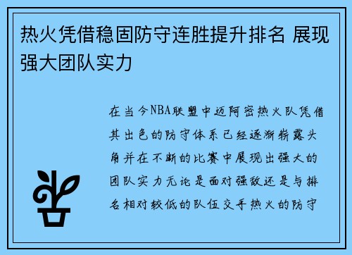 热火凭借稳固防守连胜提升排名 展现强大团队实力
