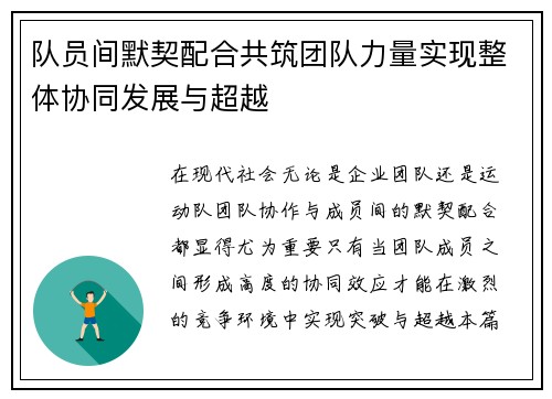 队员间默契配合共筑团队力量实现整体协同发展与超越